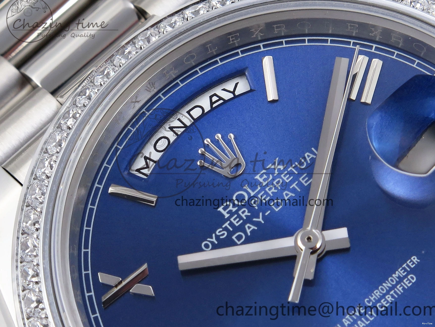 MiroTime 0523 QuickDry DayDate 40 SS GSF Gain Weight Blue Roman Dial Diamonds Bezel on President Bracelet A 1917
